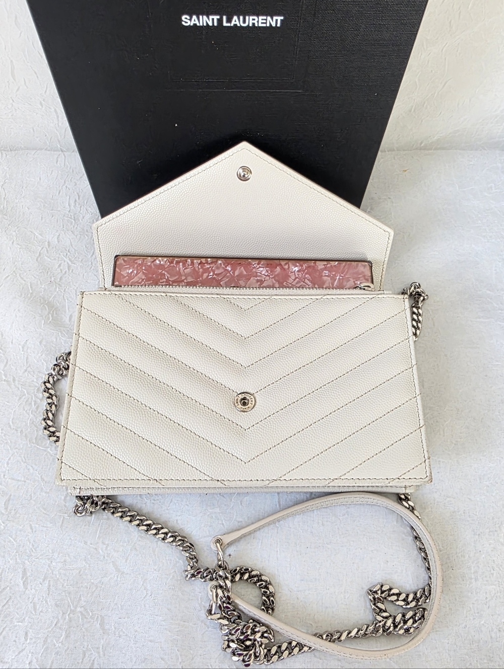 Auth YSL Yves Saint Laurent Grain De Poudre Chevron Envelope Woc - Picture 6 of 10